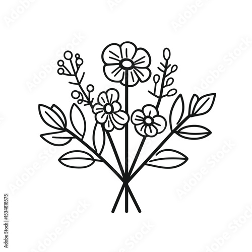 Elegant Black and White Bouquet Illustration with Flowers, Leaves, and Berries Outlined