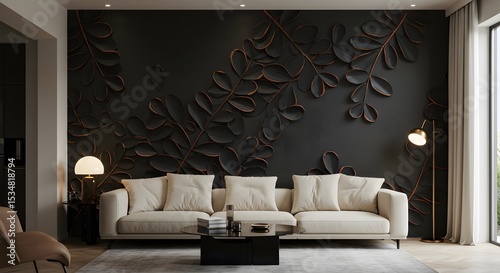 Bold minimalist interior with 3D acacia leaf wall design in matte black and copper highlights, stylish and sophisticated 3