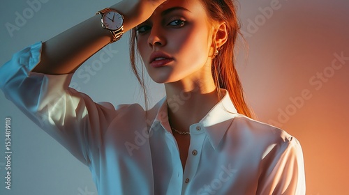 Elegant woman in white shirt shielding eyes with watch on wrist