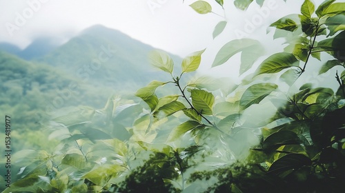 Lush Green Foliage Cascading over Distant Misty Mountains Creating a Serene Natural Scene