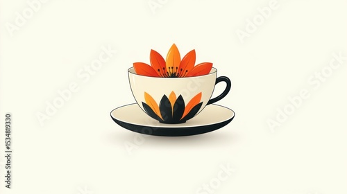 Floral tea cup design with orange bloom and elegant pattern teacup art