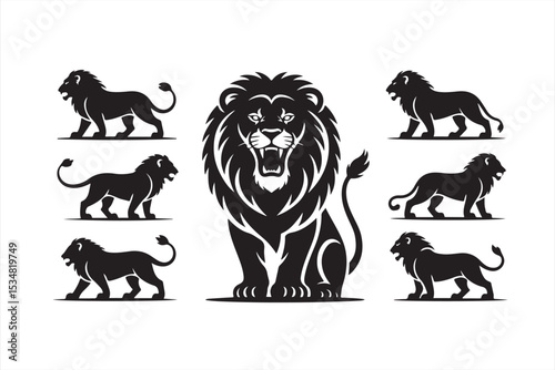 Stylized Black Lion Silhouettes on Grass – Motion and Strength Concept Set
