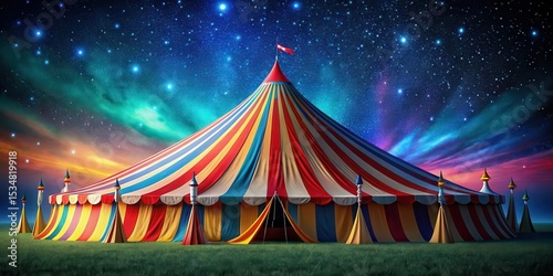Colorful big top tent with vibrant striped fabric and twinkling lights against a night sky