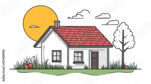 Illustration of a charming house with red roof under a warm sun and fluffy clouds