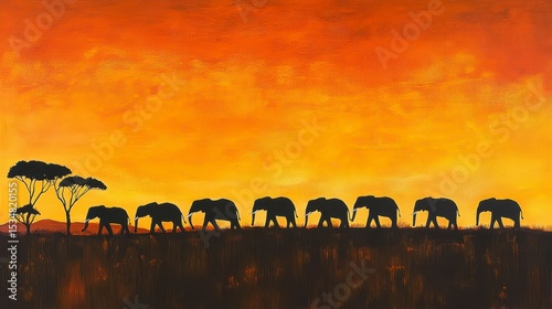 Silhouette of elephants walking in a row at sunset in African savanna.