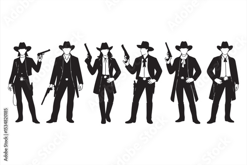 Black Silhouette Vector Set of Western Gunfighters in Iconic Cowboy and Cowgirl Attire