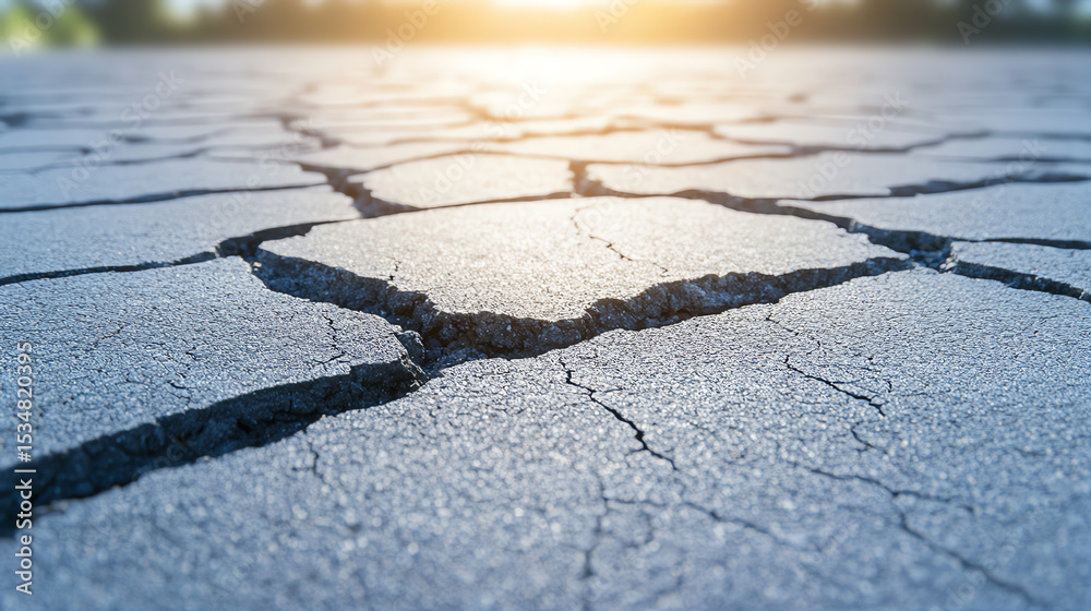 Obraz premium A close-up of cracked ground highlighting the impact of drought and climate change on the environment, showcasing the earth's vulnerability.
