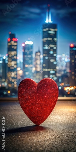 A large red glitter heart cutout in a modern cityscape at night