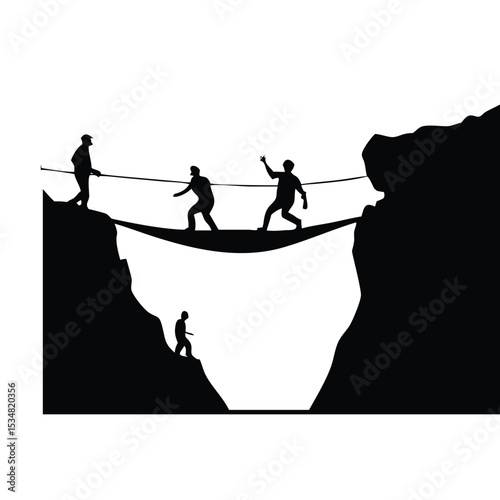 Teamwork across a precarious rope bridge