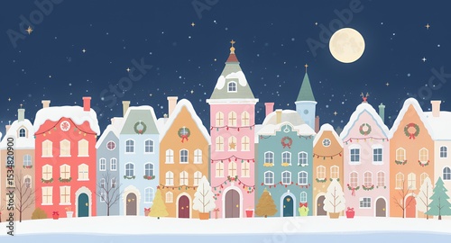 Festive Pixel Art Houses Covered with Snow at Winter Night Under Full Moon and Starry Sky with Holiday Decorations and Christmas Tree in Colorful Geometric Scene