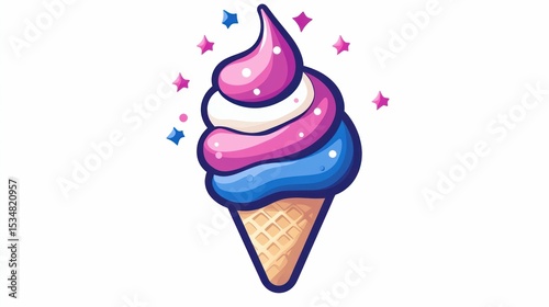 Whimsical ice cream cone with vibrant swirls and twinkling star accents illustration
