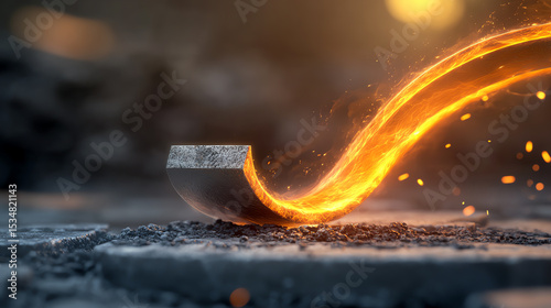 A glowing metal piece melts as it flows, showcasing the intricacies of industrial processes and the beauty of molten materials.
