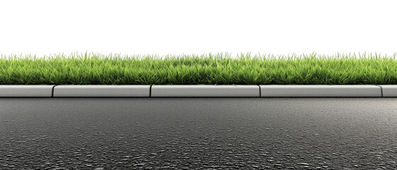 Green grass growing next to concrete curb and asphalt pavement, isolated on transparent background