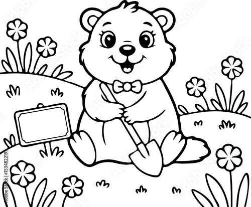 Cute Groundhog with Shovel Coloring Page