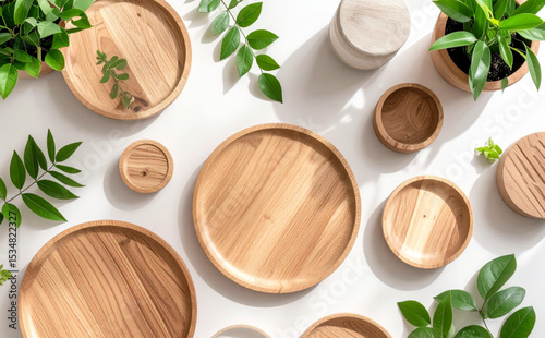 Wooden Plates and Green Leaves Minimalist Flat Lay