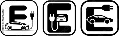 Electric Car Charging Icon Set with Letter E 
