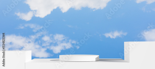 White round podium with two flanking white square platforms, all set against a calming light blue background with fluffy clouds, creating an elegant minimalist stage ideal for product presentations.