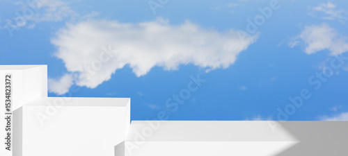 Minimalist display featuring three prominent white block platforms, set against a calming light blue background with fluffy clouds, creating an elegant minimalist stage ideal for product presentations