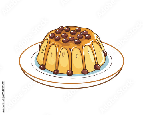 "Delicious Pudding with Chocolate Toppings, Sweet Dessert Illustration"