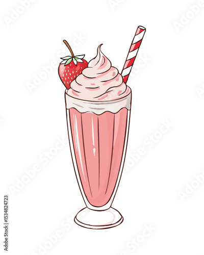 Strawberry Milkshake with Whipped Cream and Red Straw in a Glass Cup on White Background