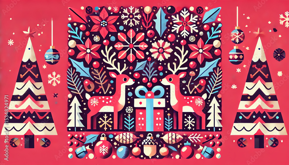 Fototapeta premium A festive and colorful Christmas illustration with a vibrant pink background