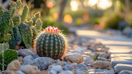 Blooming desert beauty: A serene cactus garden bathed in warm sunlight photo