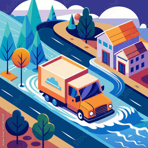 A truck trying to drive against flood on the street. 