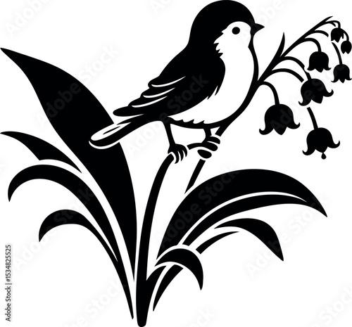 Beautiful bird resting gently on a Lily of the Valley stem surrounded by flowers
