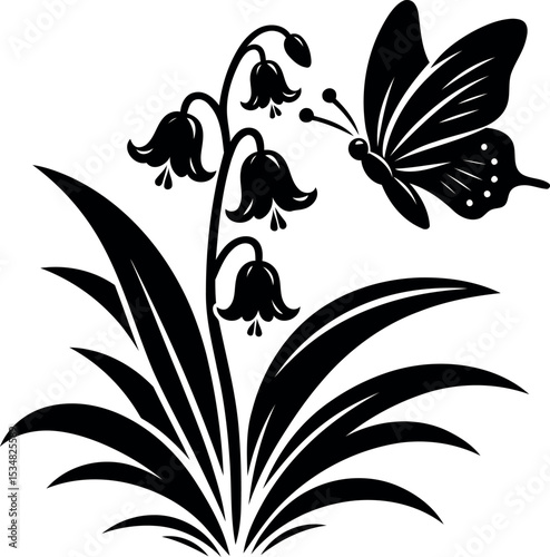 Lovely butterfly resting on a blooming Lily of the Valley bell in garden
