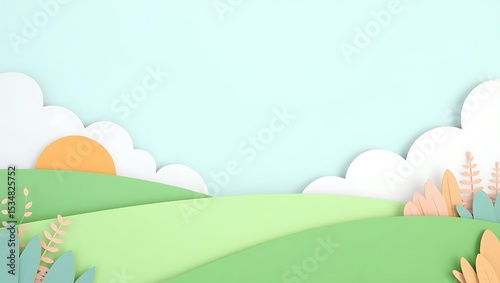 Minimal Nature Background with Grass, Sun, and Clouds in Paper-Cut Style