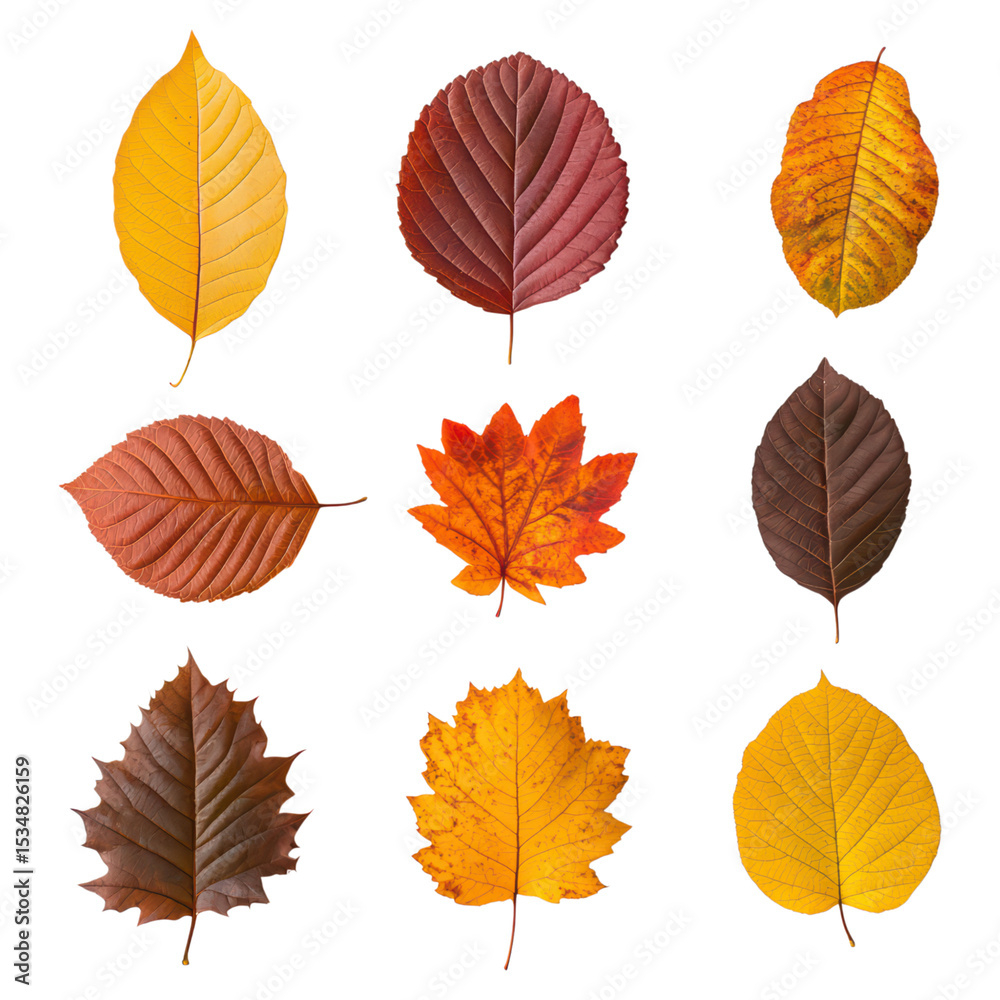 Fototapeta premium Vibrant Autumn Leaves Collection Featuring Various Colors and Shapes, isolated on transparent background.