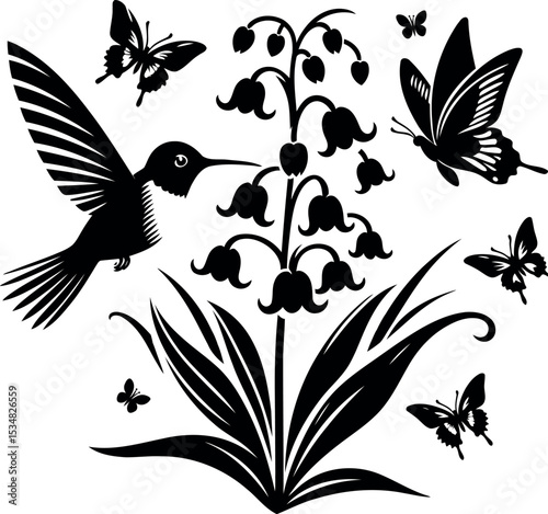 Lily of the Valley flowers visited by hummingbird and fluttering butterflies on a sunny day