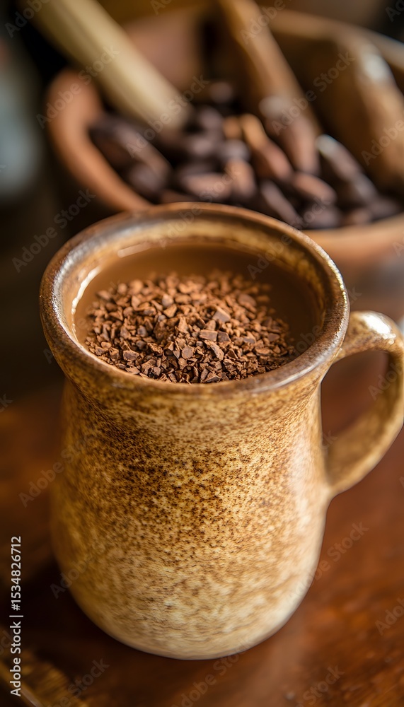 A ceramic mug filled with hot chocolate. A ceramic mug filled with hot chocolate.