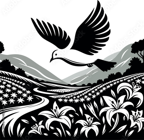 Gentle dove flying peacefully over a lush valley full of radiant lilies
