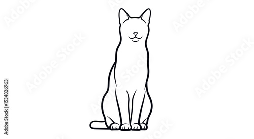 Cheerful Cat Illustration Sitting Playfully with a Happy Expression in Black and White Outline