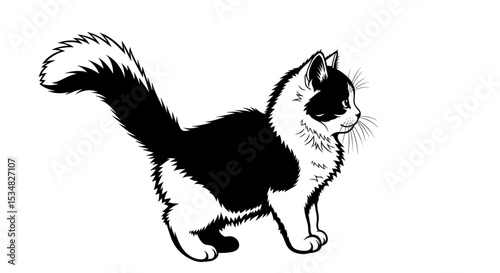 Animated Playful Black and White Cat with Fluffy Tail Engaging in Motion