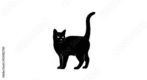 Silhouette Of A Playful Black Cat Standing With Raised Tail Against A White Background