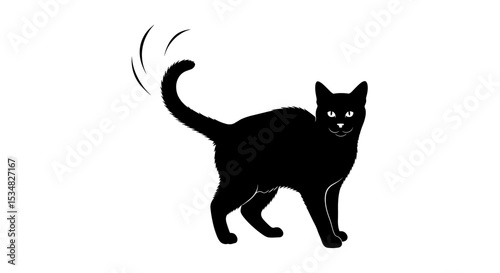 Playful Black Cat Silhouette with Raised Tail Indicating Curiosity in Simple Graphic Design
