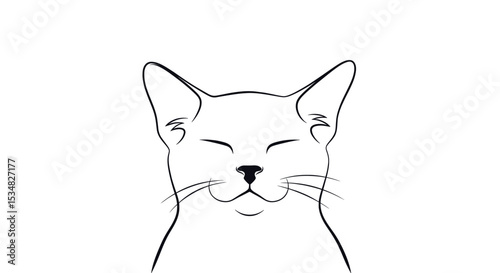 Simple Line Drawing of a Cheerful Smiling Cat Face with Closed Eyes and Happy Expression