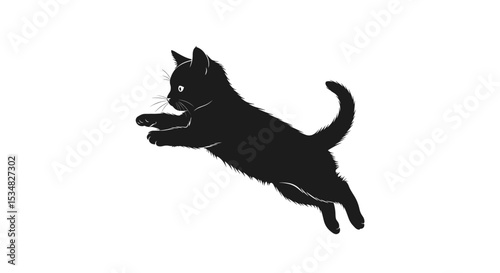 Silhouette Of A Jumping Cat Showcasing Agility And Playfulness Against A White Background
