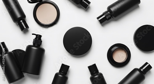 Top view of minimalist black cosmetic bottles and powders on pure white background, no brand, no text 2