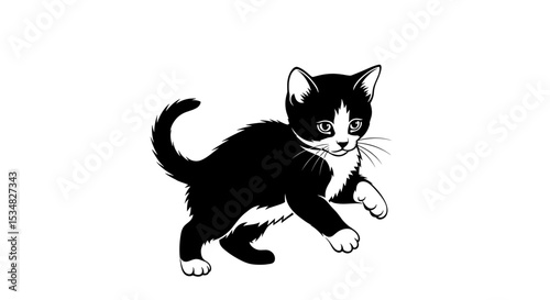 Animated Black And White Kitten Playfully Swatting At Imaginary Object In Motion