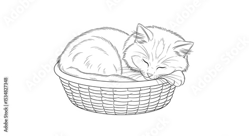 Cat Curled Up and Sleeping Peacefully in a Woven Basket Exuding Warmth and Tranquility