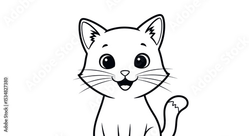 Cheerful Cartoon Cat Illustration with Large Eyes and Smiling Expression on White Background