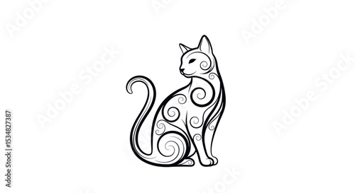 Intricate Black and White Illustration of a Sitting Cat with Decorative Swirling Patterns