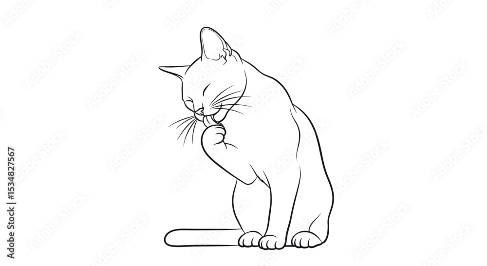 Naklejka premium A Playful White Cat Grooming Itself with a Focused Expression and Clean Pawing Gesture