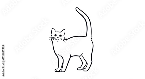 Charming Line Drawing of a Playful Cat with Upright Tail in Minimalist Style