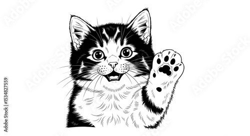 Cute Black And White Kitten Waving Paw With Cheerful Expression And Playful Demeanor