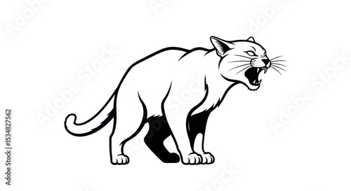 Fierce Roaring Cat Illustration with Raised Tail and Sharp Teeth on Plain Background