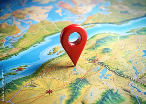 A detailed illustration of a map with a prominent red pin marking a specific location on a landscape or terrain